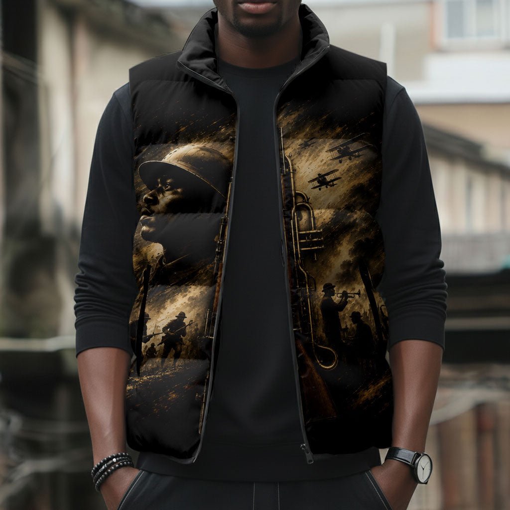 Harlem Hellfighters WWI Soldier Sleeveless Puffer Jacket Vintage Military Jazz Band Artwork
