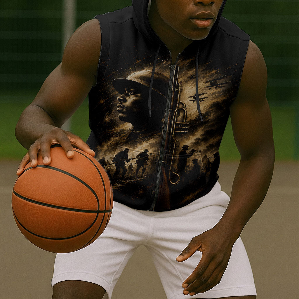 Harlem Hellfighters WWI Soldier Sleeveless Zip Hoodie Vintage Military Jazz Band Artwork