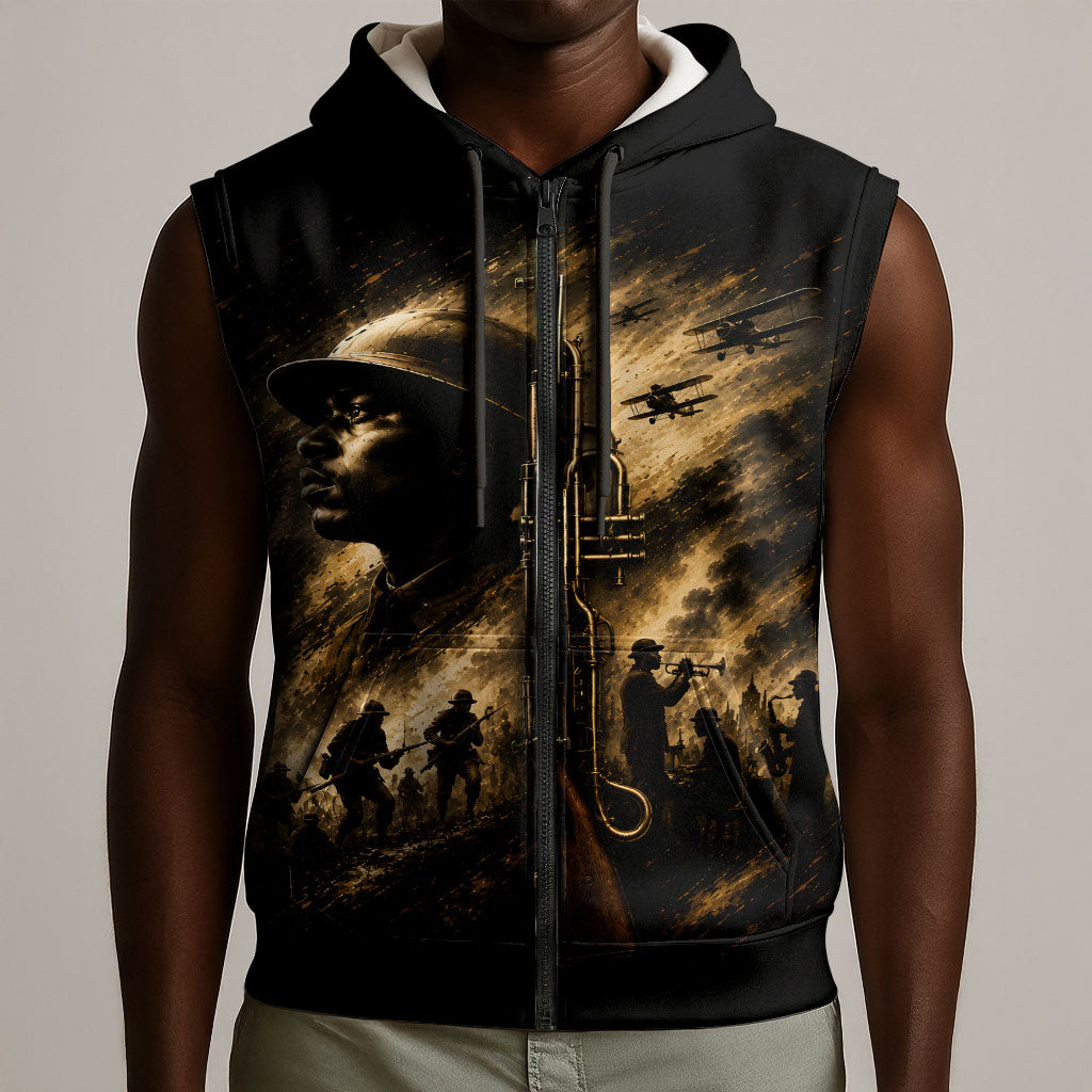 Harlem Hellfighters WWI Soldier Sleeveless Zip Hoodie Vintage Military Jazz Band Artwork