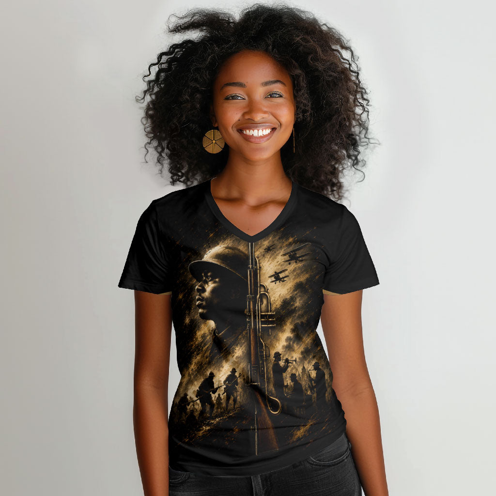Harlem Hellfighters WWI Soldier Women V-Neck T-Shirt Vintage Military Jazz Band Artwork