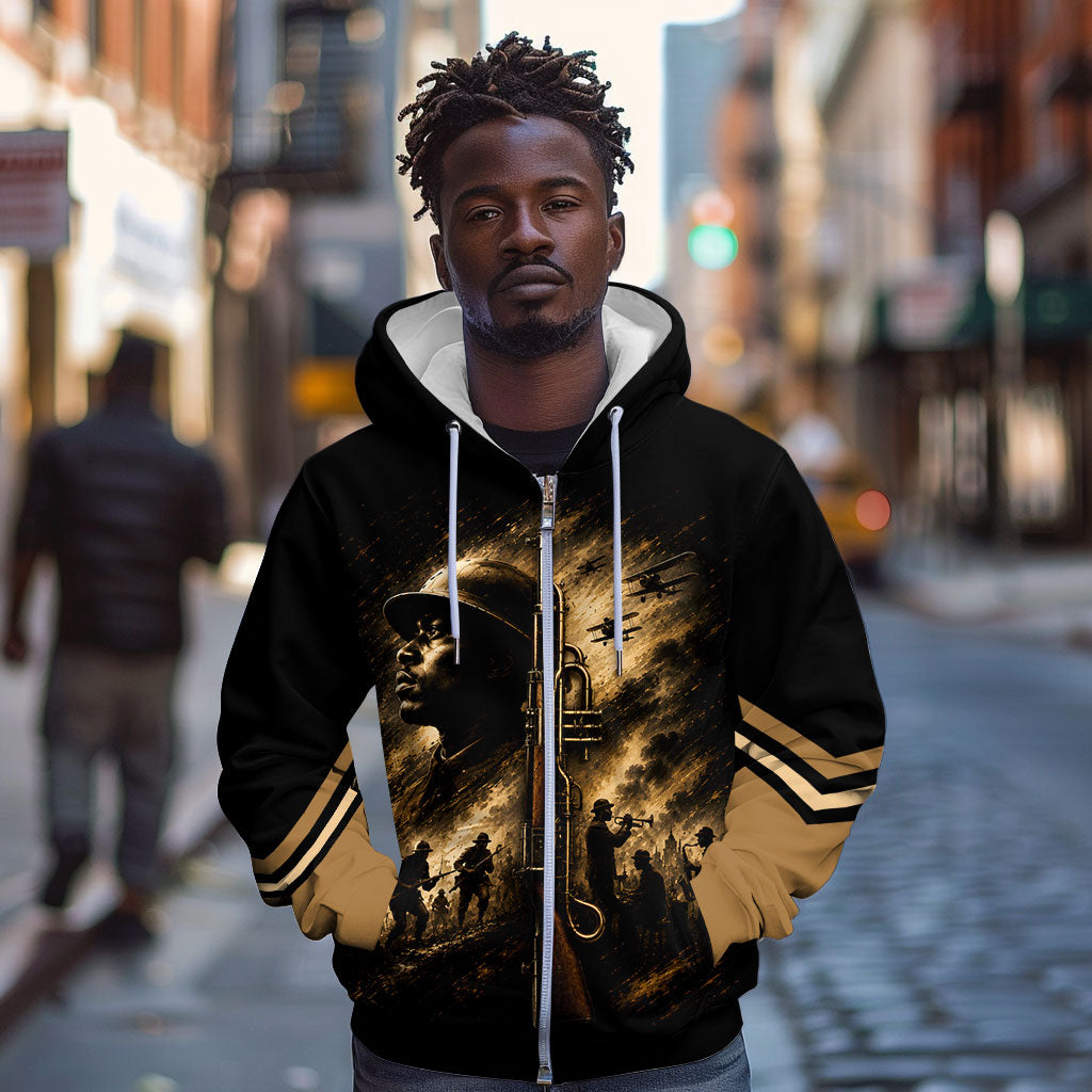Harlem Hellfighters WWI Soldier Zip Hoodie Vintage Military Jazz Band Artwork
