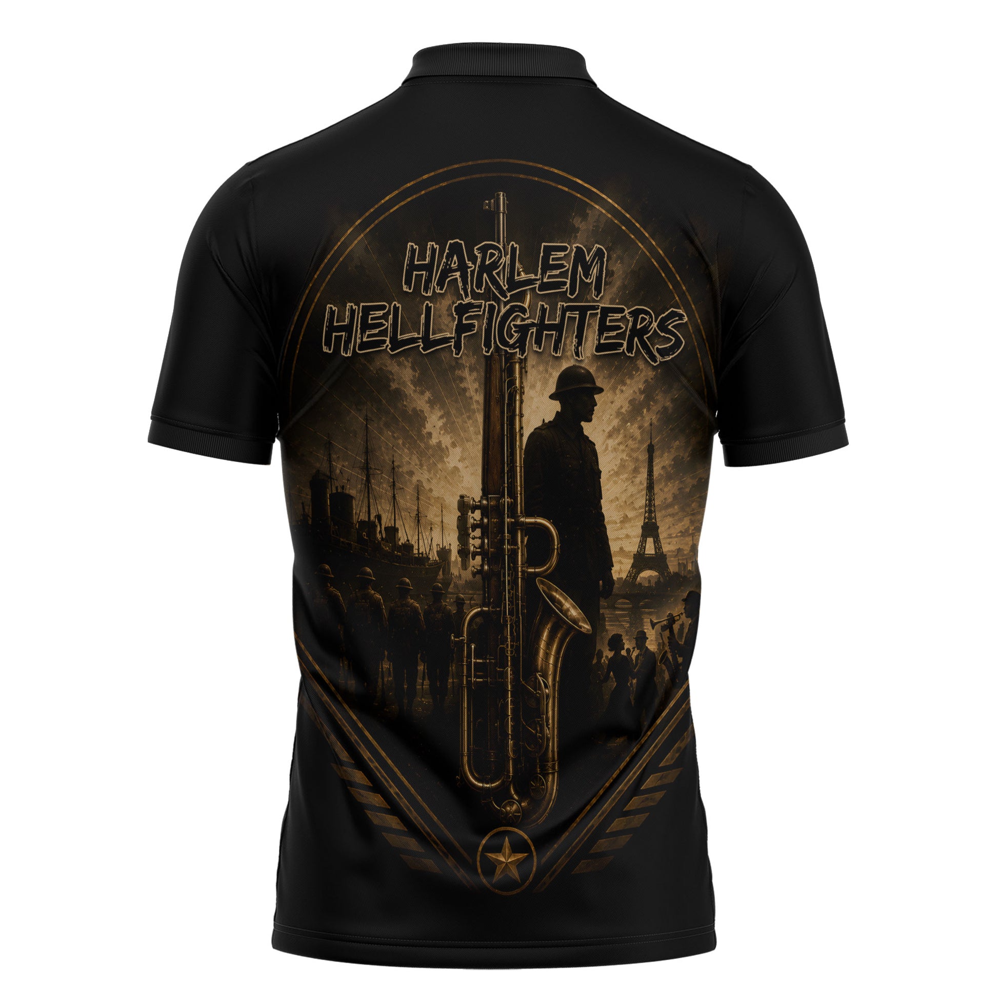 Harlem Hellfighters WWI Soldier Zipper Polo Shirt Vintage Military Jazz Band Artwork