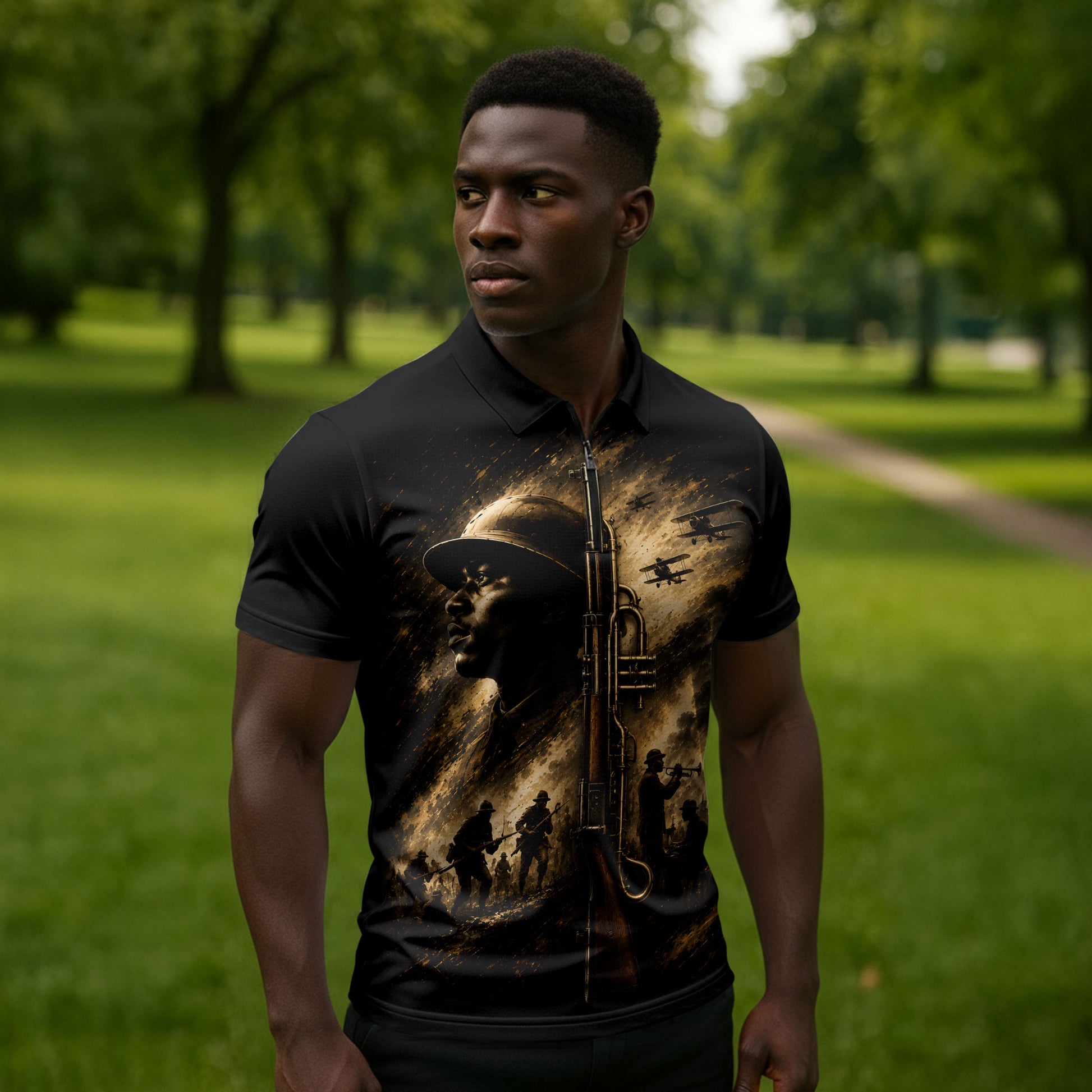 Harlem Hellfighters WWI Soldier Zipper Polo Shirt Vintage Military Jazz Band Artwork