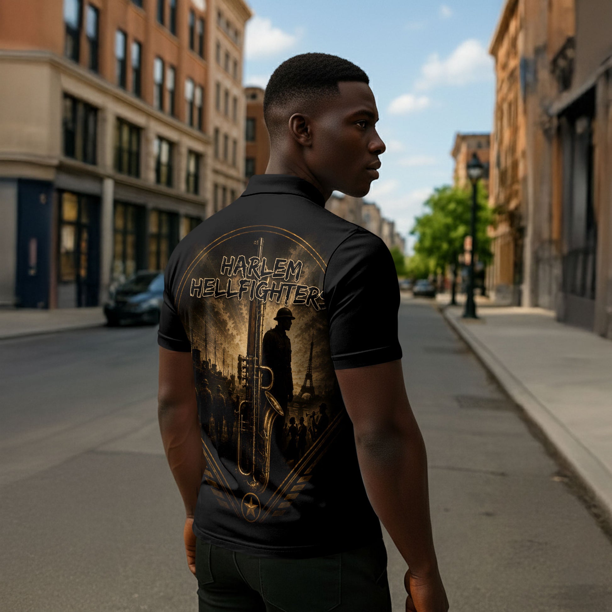 Harlem Hellfighters WWI Soldier Zipper Polo Shirt Vintage Military Jazz Band Artwork