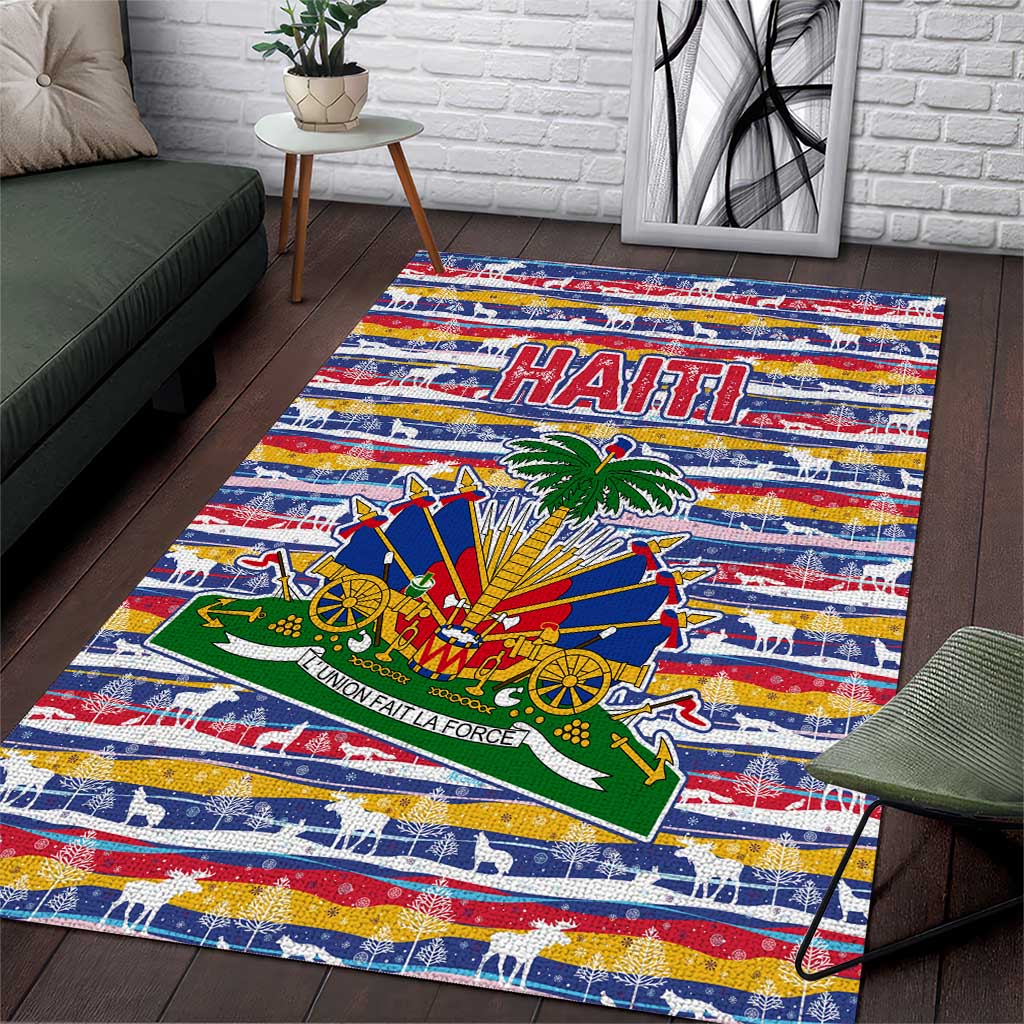 Haiti Christmas Area Rug Blue Red Yellow Xmas Santa Sleigh and Coat of Arms - African Pride