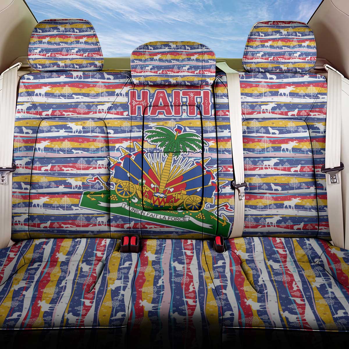 Haiti Christmas Back Car Seat Cover Blue Red Yellow Xmas Santa Sleigh and Coat of Arms - African Pride