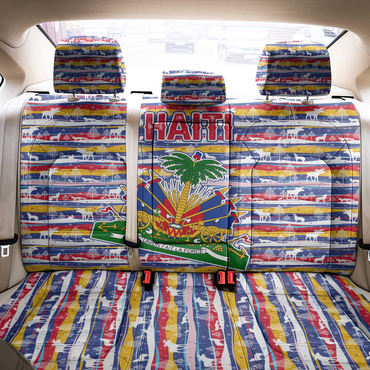 Haiti Christmas Back Car Seat Cover Blue Red Yellow Xmas Santa Sleigh and Coat of Arms - African Pride