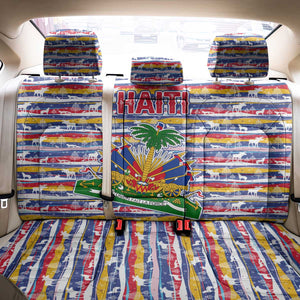 Haiti Christmas Back Car Seat Cover Blue Red Yellow Xmas Santa Sleigh and Coat of Arms - African Pride