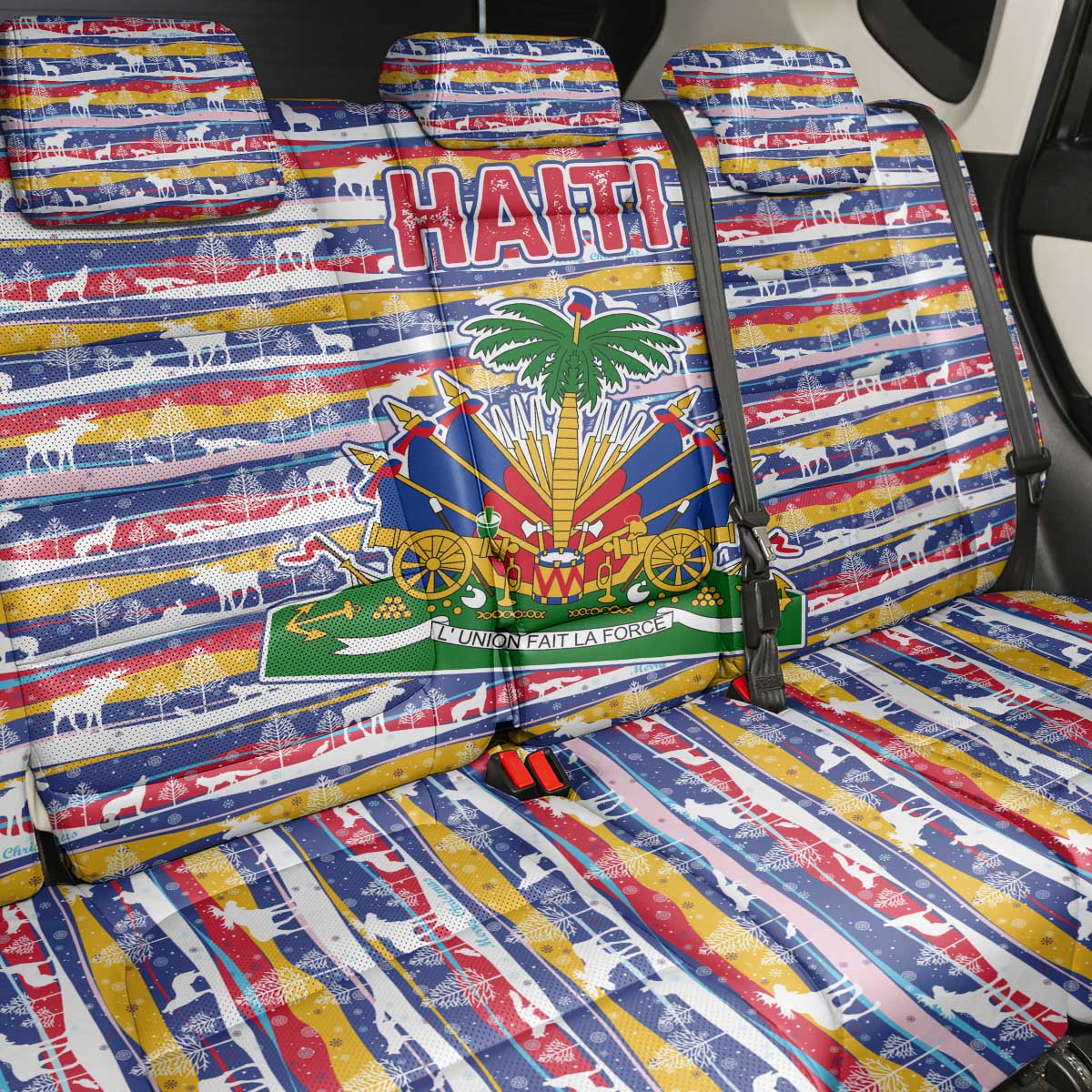 Haiti Christmas Back Car Seat Cover Blue Red Yellow Xmas Santa Sleigh and Coat of Arms - African Pride