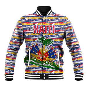 Haiti Christmas Baseball Jacket Blue Red Yellow Xmas Santa Sleigh and Coat of Arms - African Pride