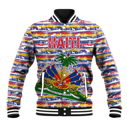 Haiti Christmas Baseball Jacket Blue Red Yellow Xmas Santa Sleigh and Coat of Arms - African Pride