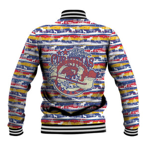 Haiti Christmas Baseball Jacket Blue Red Yellow Xmas Santa Sleigh and Coat of Arms - African Pride