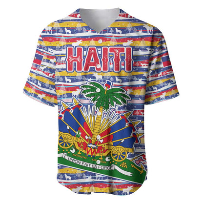 Haiti Christmas Baseball Jersey Blue Red Yellow Xmas Santa Sleigh and Coat of Arms - African Pride