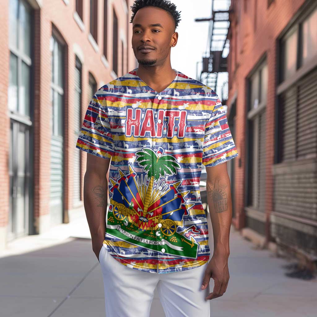 Haiti Christmas Baseball Jersey Blue Red Yellow Xmas Santa Sleigh and Coat of Arms - African Pride