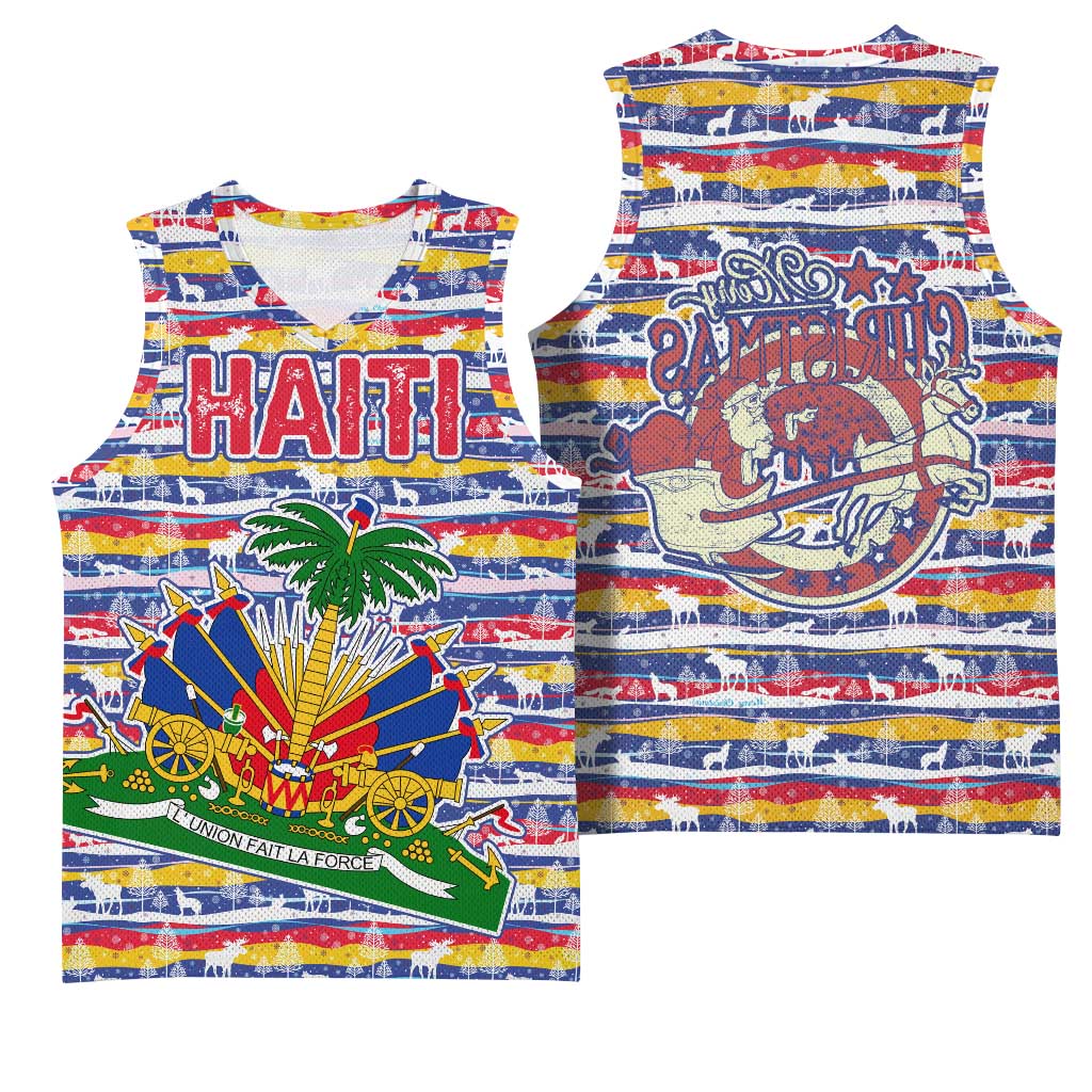 Haiti Christmas Basketball Jersey Blue Red Yellow Xmas Santa Sleigh and Coat of Arms - African Pride