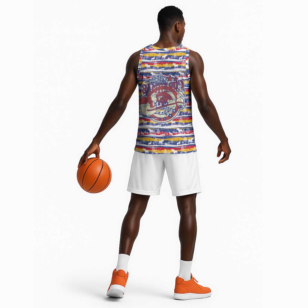 Haiti Christmas Basketball Jersey Blue Red Yellow Xmas Santa Sleigh and Coat of Arms - African Pride