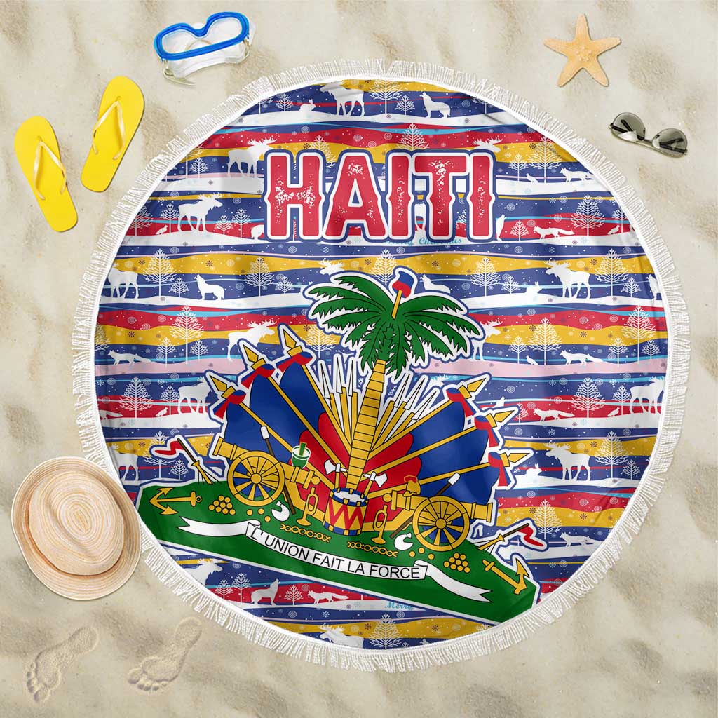 Haiti Christmas Beach Blanket Blue Red Yellow Xmas Santa Sleigh and Coat of Arms - African Pride