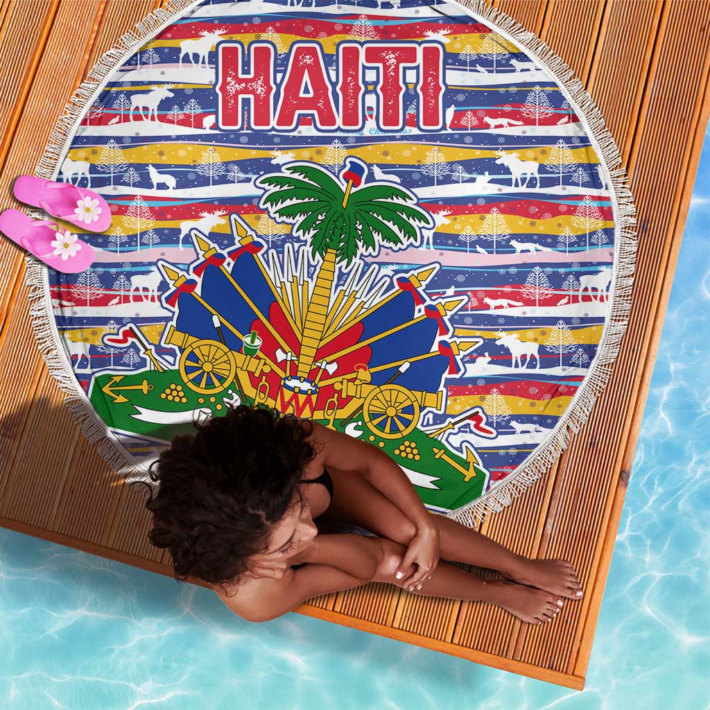 Haiti Christmas Beach Blanket Blue Red Yellow Xmas Santa Sleigh and Coat of Arms - African Pride