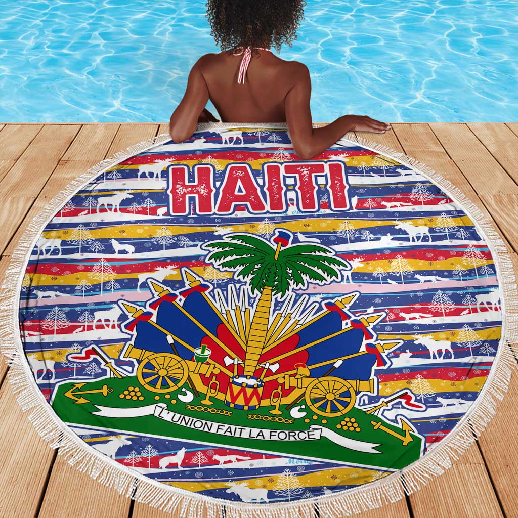 Haiti Christmas Beach Blanket Blue Red Yellow Xmas Santa Sleigh and Coat of Arms - African Pride