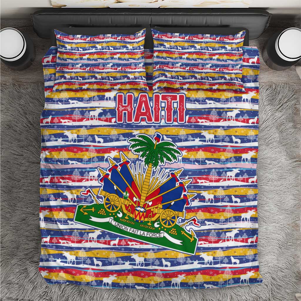 Haiti Christmas Bedding Set Blue Red Yellow Xmas Santa Sleigh and Coat of Arms - African Pride