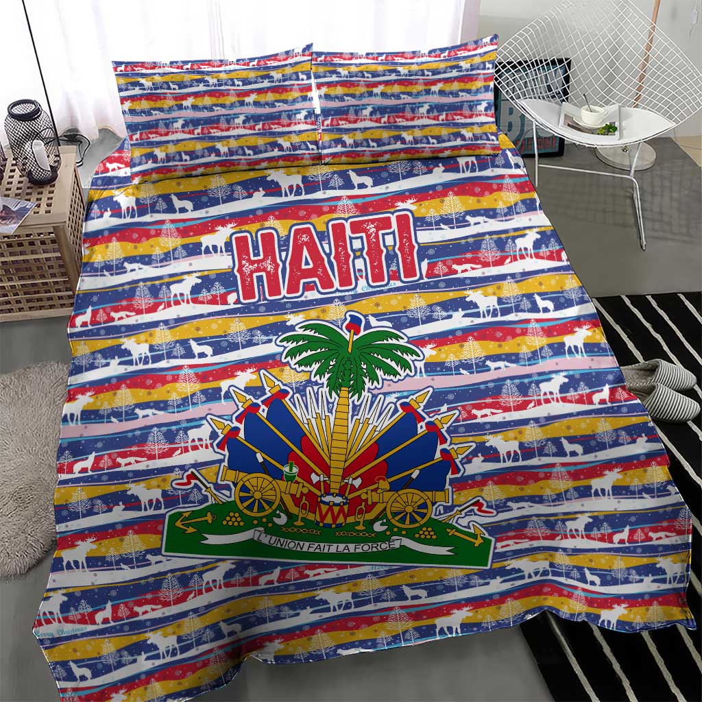 Haiti Christmas Bedding Set Blue Red Yellow Xmas Santa Sleigh and Coat of Arms - African Pride