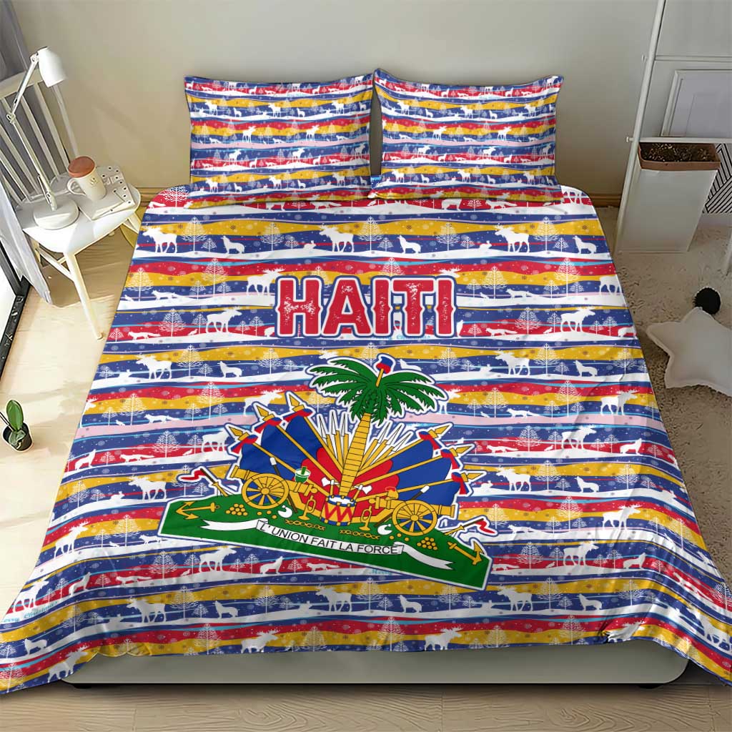 Haiti Christmas Bedding Set Blue Red Yellow Xmas Santa Sleigh and Coat of Arms - African Pride