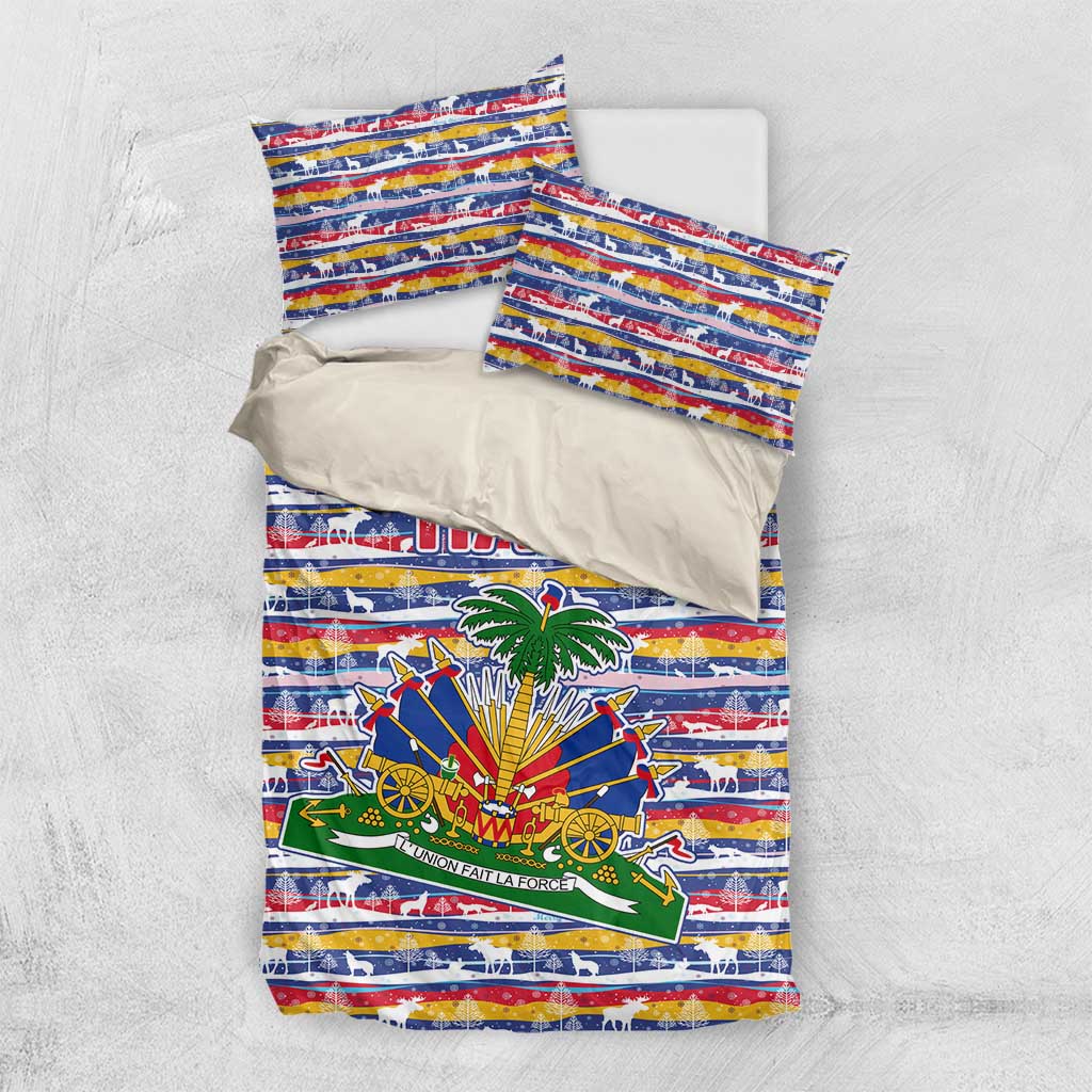 Haiti Christmas Bedding Set Blue Red Yellow Xmas Santa Sleigh and Coat of Arms - African Pride