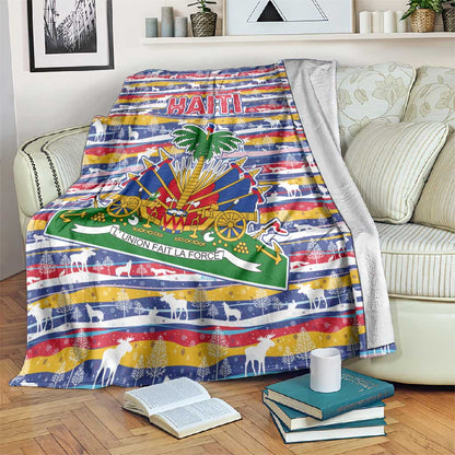 Haiti Christmas Blanket Blue Red Yellow Xmas Santa Sleigh and Coat of Arms - African Pride