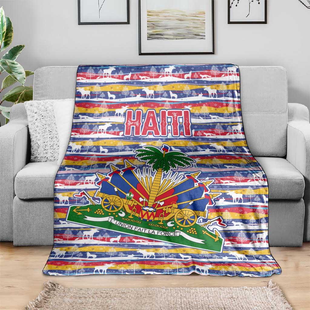 Haiti Christmas Blanket Blue Red Yellow Xmas Santa Sleigh and Coat of Arms - African Pride