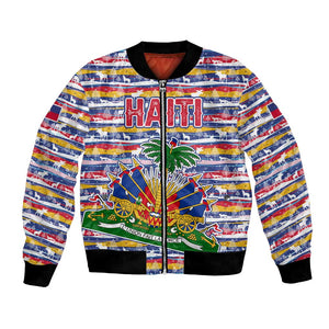 Haiti Christmas Bomber Jacket Blue Red Yellow Xmas Santa Sleigh and Coat of Arms - African Pride