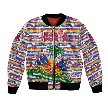 Haiti Christmas Bomber Jacket Blue Red Yellow Xmas Santa Sleigh and Coat of Arms - African Pride