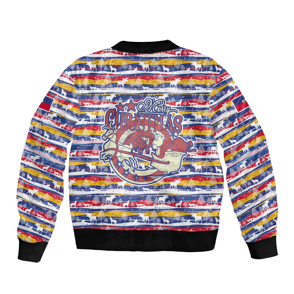 Haiti Christmas Bomber Jacket Blue Red Yellow Xmas Santa Sleigh and Coat of Arms - African Pride