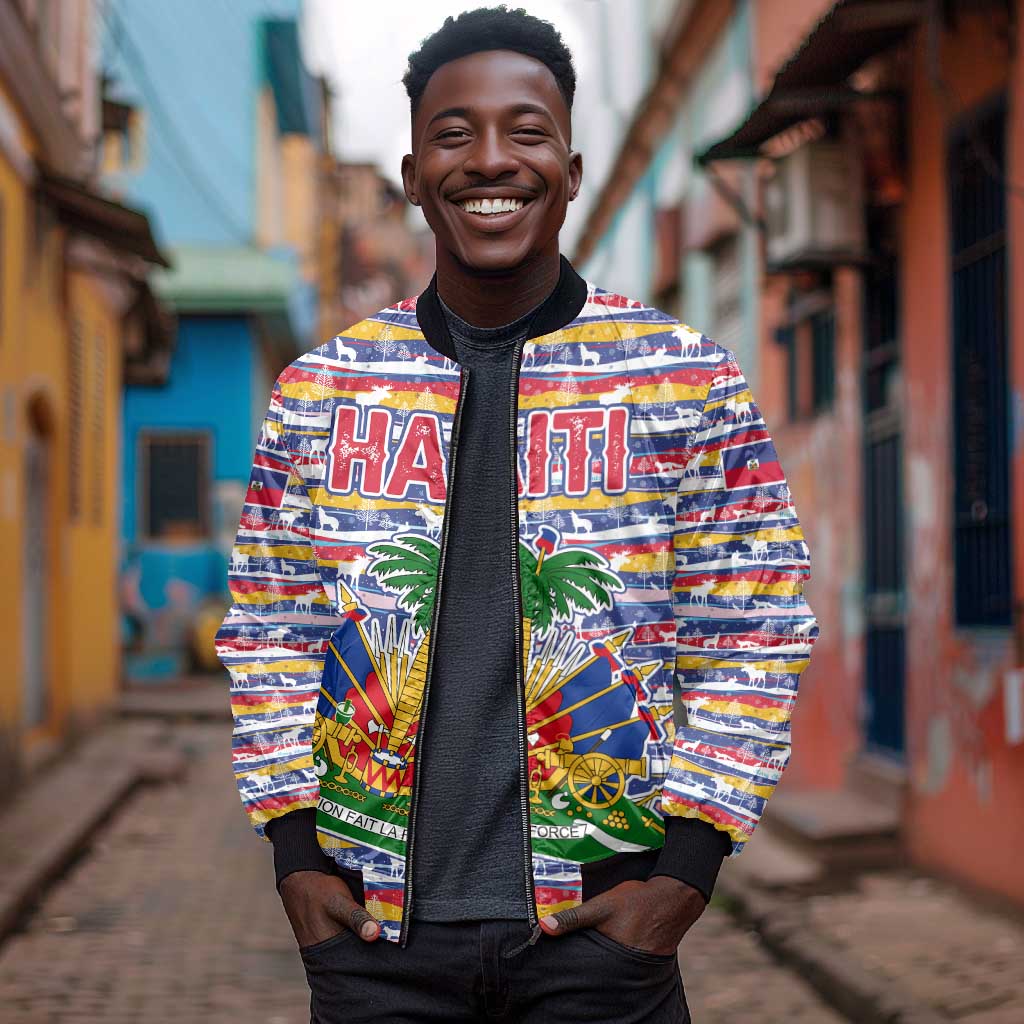 Haiti Christmas Bomber Jacket Blue Red Yellow Xmas Santa Sleigh and Coat of Arms - African Pride