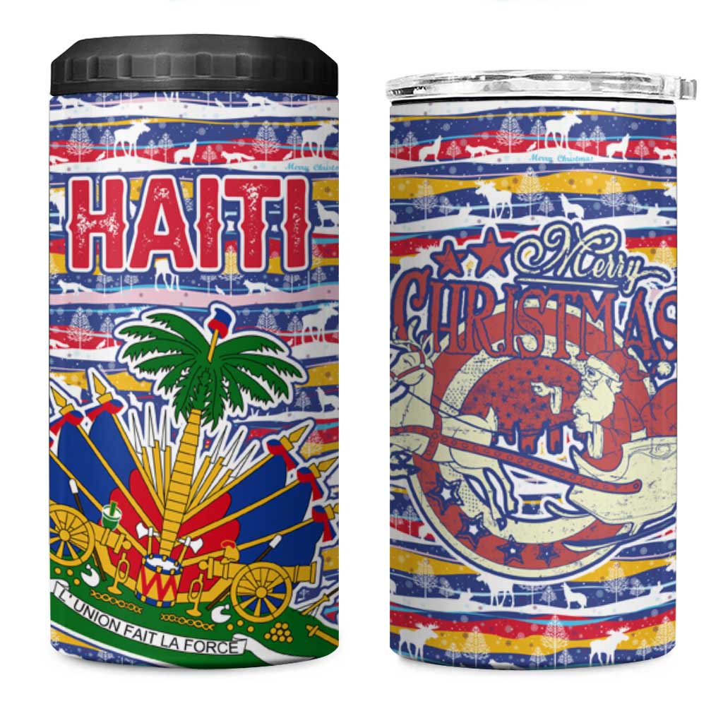 Haiti Christmas 4 in 1 Can Cooler Tumbler Blue Red Yellow Xmas Santa Sleigh and Coat of Arms - African Pride