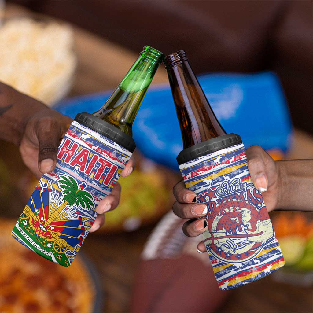 Haiti Christmas 4 in 1 Can Cooler Tumbler Blue Red Yellow Xmas Santa Sleigh and Coat of Arms - African Pride