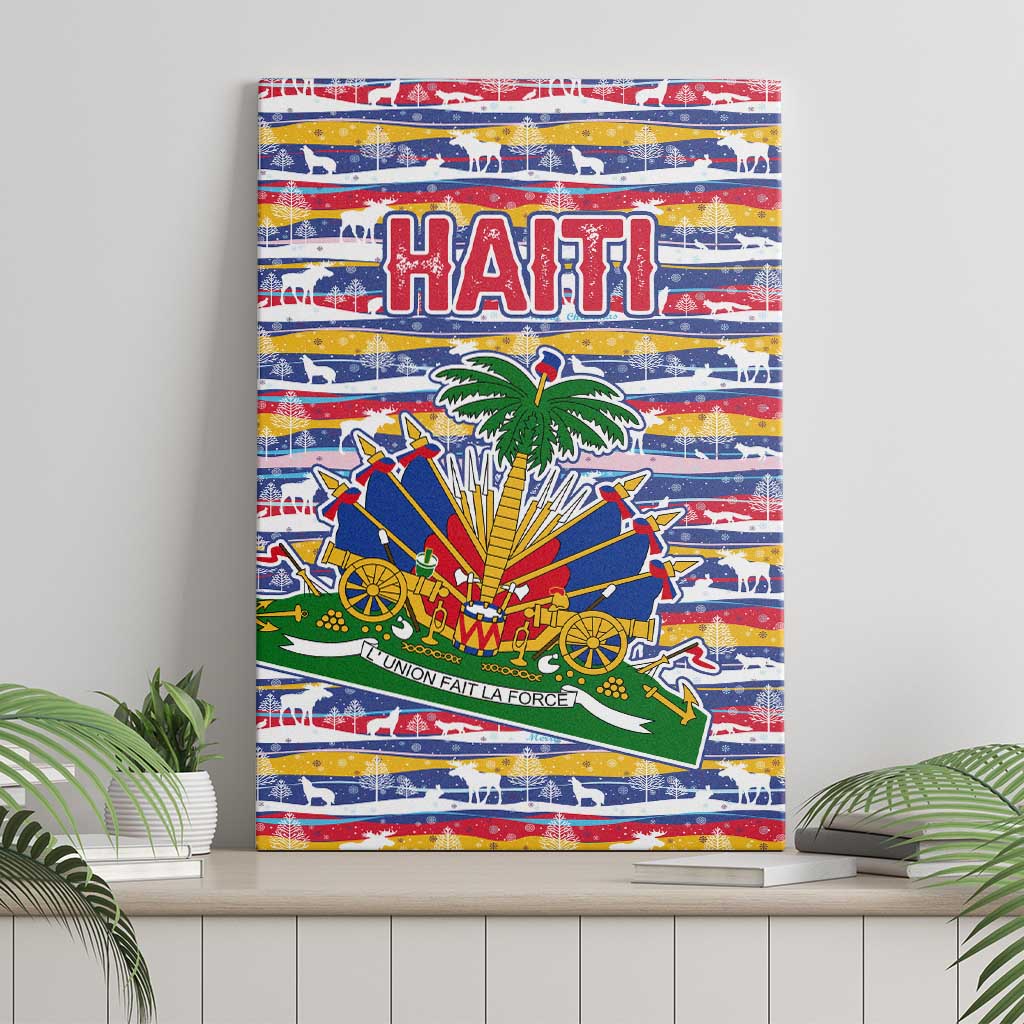 Haiti Christmas Canvas Wall Art Blue Red Yellow Xmas Santa Sleigh and Coat of Arms - African Pride