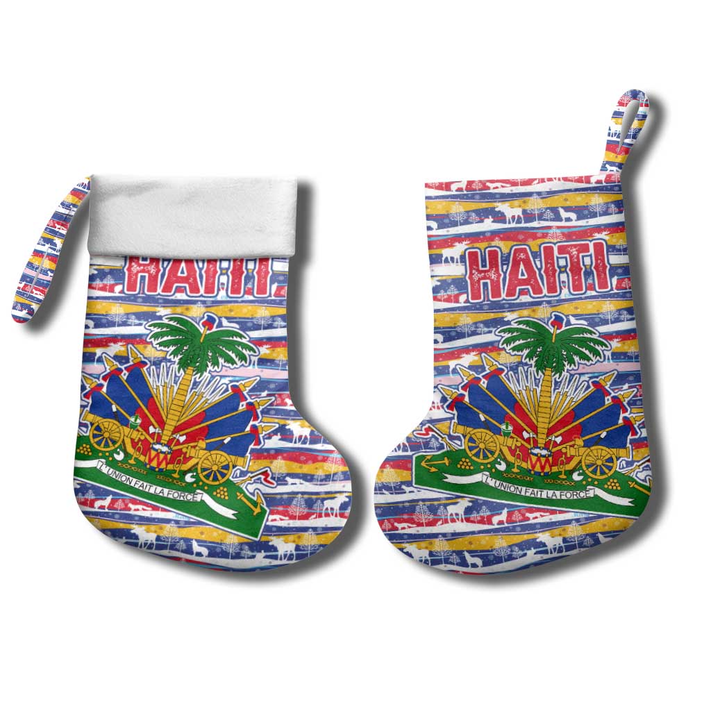 Haiti Christmas Stocking Blue Red Yellow Xmas Santa Sleigh and Coat of Arms - African Pride