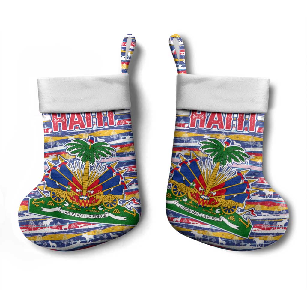 Haiti Christmas Stocking Blue Red Yellow Xmas Santa Sleigh and Coat of Arms - African Pride
