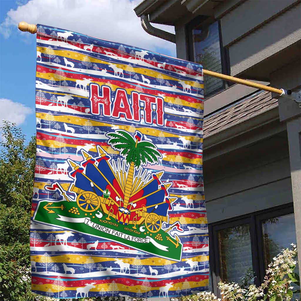 Haiti Christmas Garden Flag Blue Red Yellow Xmas Santa Sleigh and Coat of Arms - African Pride