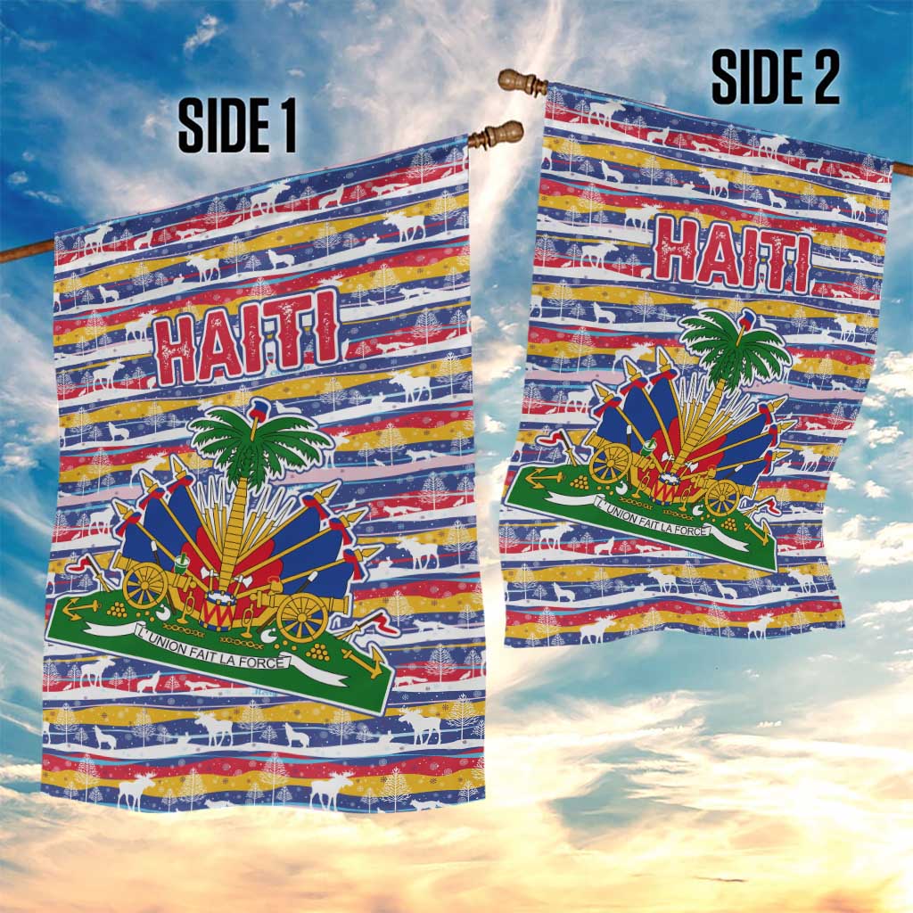 Haiti Christmas Garden Flag Blue Red Yellow Xmas Santa Sleigh and Coat of Arms - African Pride