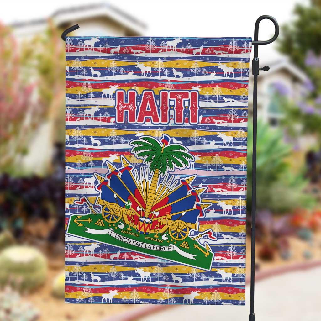 Haiti Christmas Garden Flag Blue Red Yellow Xmas Santa Sleigh and Coat of Arms - African Pride