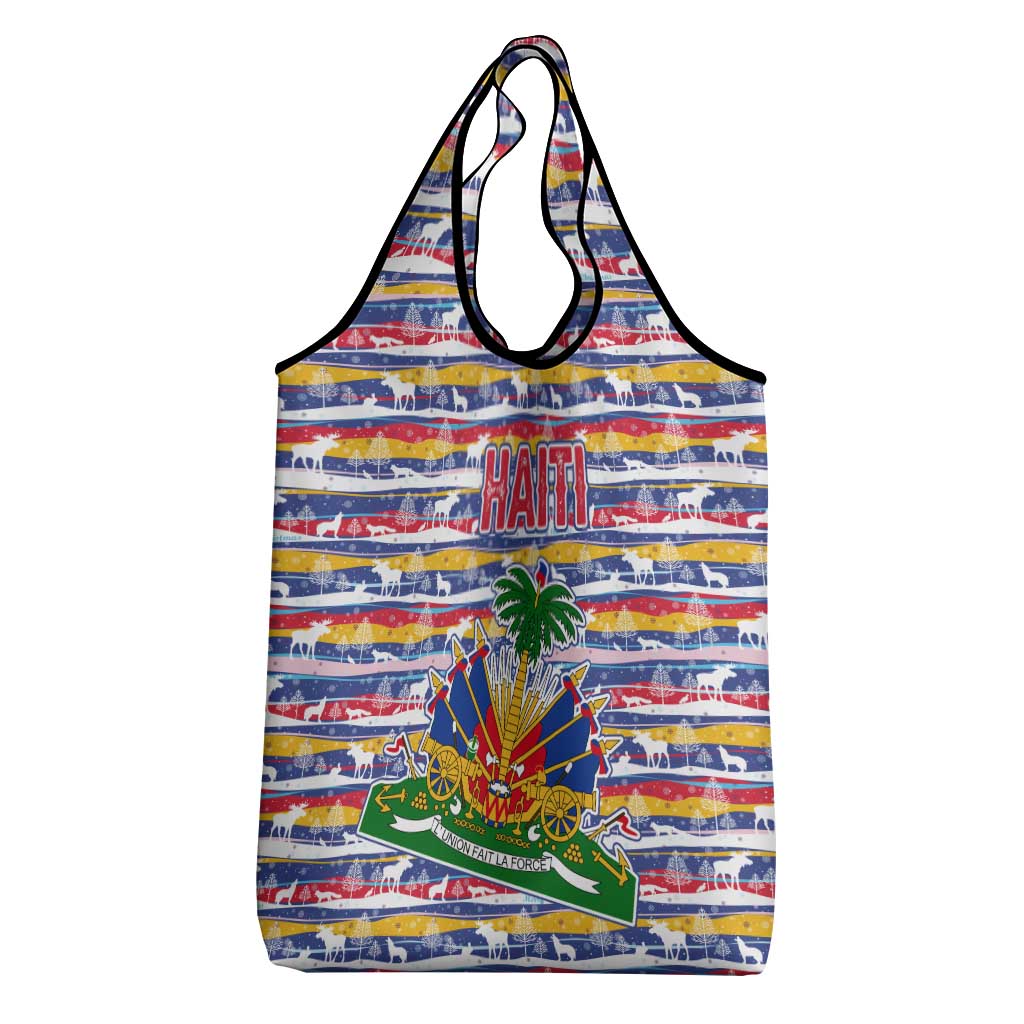 Haiti Christmas Grocery Bag Blue Red Yellow Xmas Santa Sleigh and Coat of Arms - African Pride