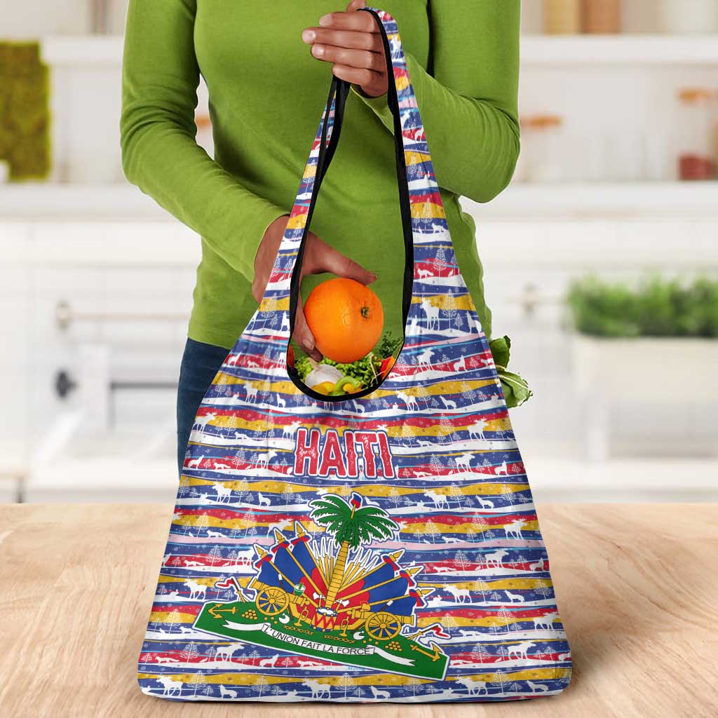 Haiti Christmas Grocery Bag Blue Red Yellow Xmas Santa Sleigh and Coat of Arms - African Pride
