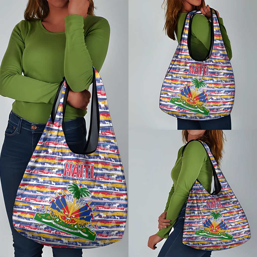 Haiti Christmas Grocery Bag Blue Red Yellow Xmas Santa Sleigh and Coat of Arms - African Pride
