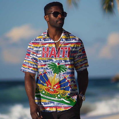 Haiti Christmas Hawaiian Shirt Blue Red Yellow Xmas Santa Sleigh and Coat of Arms - African Pride