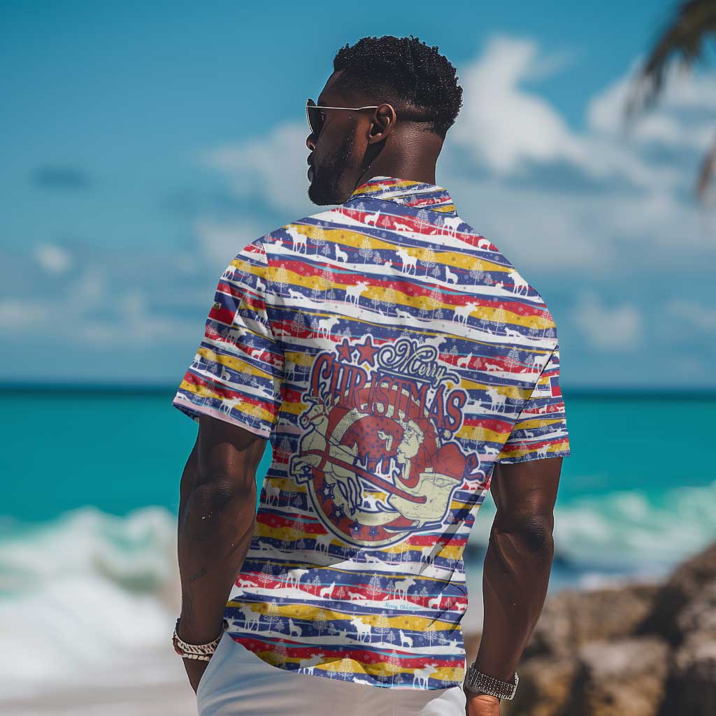 Haiti Christmas Hawaiian Shirt Blue Red Yellow Xmas Santa Sleigh and Coat of Arms - African Pride