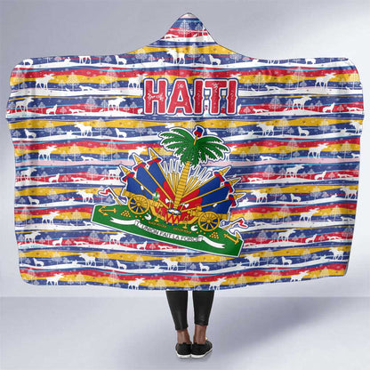 Haiti Christmas Hooded Blanket Blue Red Yellow Xmas Santa Sleigh and Coat of Arms - African Pride