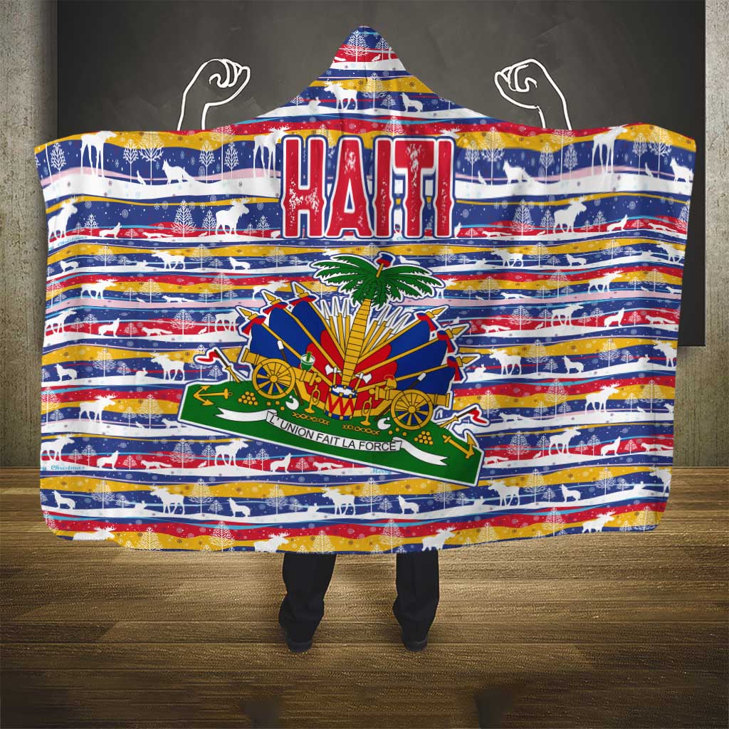 Haiti Christmas Hooded Blanket Blue Red Yellow Xmas Santa Sleigh and Coat of Arms - African Pride