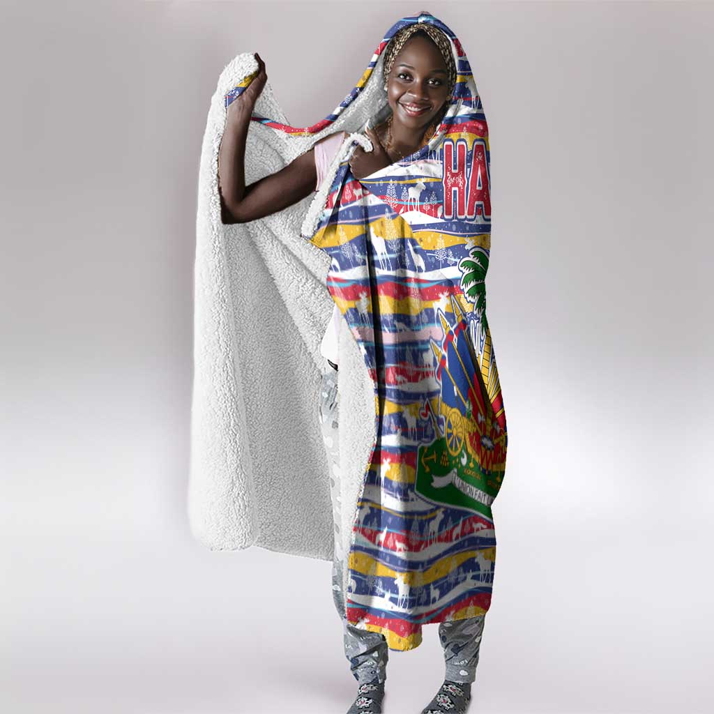 Haiti Christmas Hooded Blanket Blue Red Yellow Xmas Santa Sleigh and Coat of Arms - African Pride