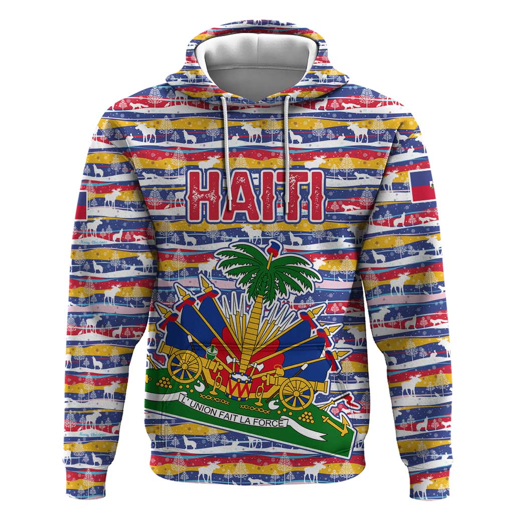 Haiti Christmas Hoodie Blue Red Yellow Xmas Santa Sleigh and Coat of Arms - African Pride